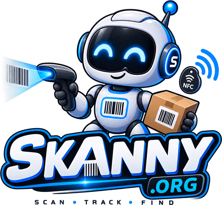 The Skanny robot, scanning a barcode and holding a labelled box